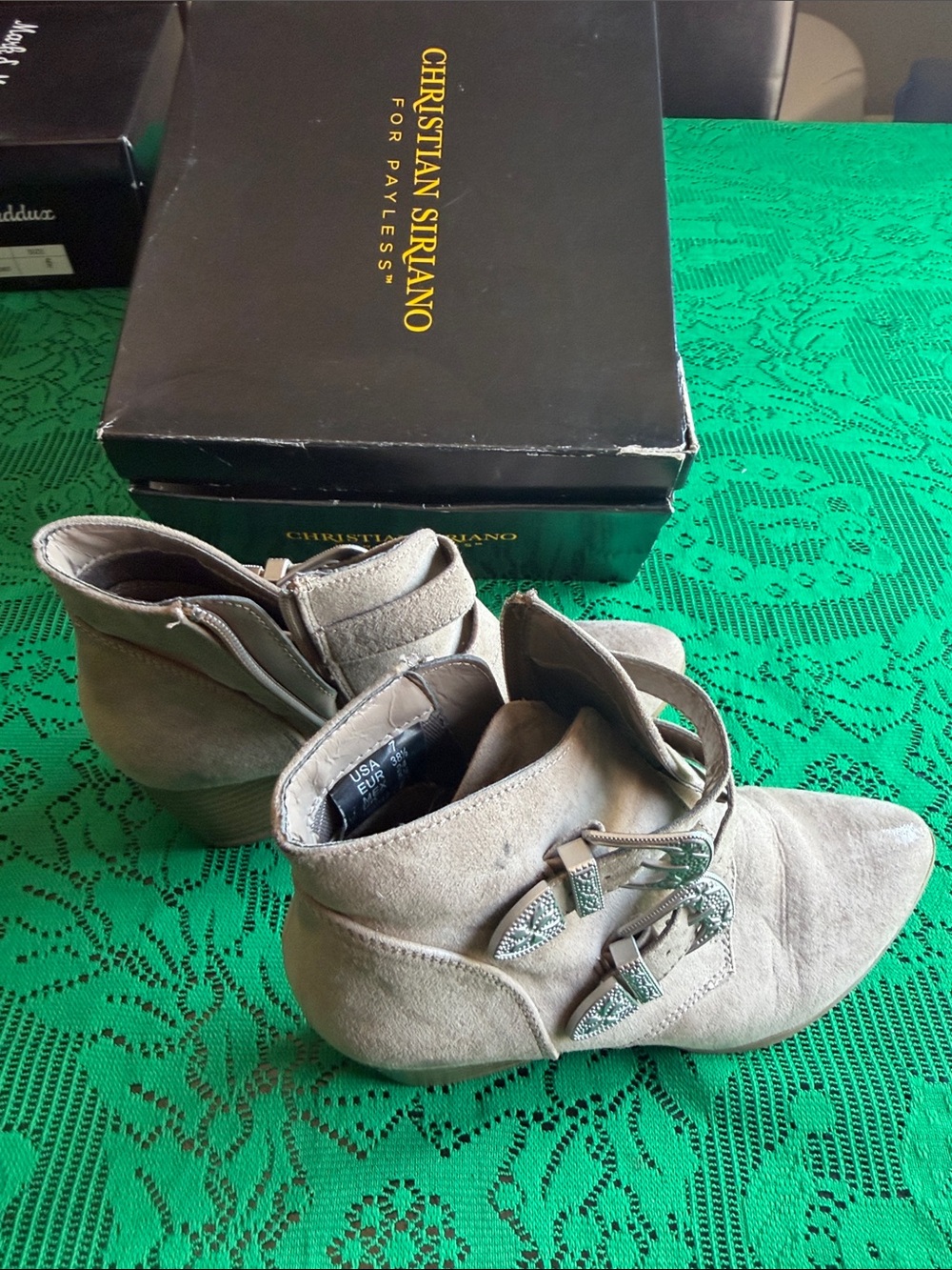 Christian Siriano Taupe Suede Pointed Ankle Boots with Triple Buckle Straps - Picture 4 of 7